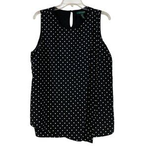 Lauren Ralph Lauren Pleated Black Polka Dot Sleeveless Top Size 12 Career Casual